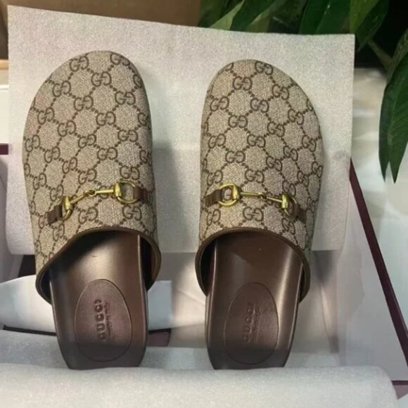 Gucci Shoes - Gucci Brown Monogram Slides with Gold Accent